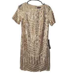 Luxology Women Antique Gold Sequin Geometric Shift Cocktail Dress 246121P3M 6